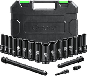 Impact Socket Set 1/2 Inch,  20PCs Drive Master Deep Impact Socket Set 8mm - 24mm, Metric, CR-V, 6 Point, with 3pcs Drive Impact Extension Bar Set 3", 5",10"