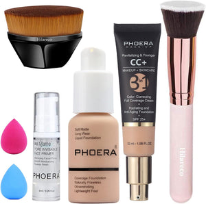 PHOERA Foundation,PHOERA CC+ Cream Color Correcting Anti Aging Hydrating Serum &SPF 25+,PHOERA Primer, PHOERA Makeup, Kabuki Makeup Brushes Foundation Brush (103+120CC/ Warm peach+Nude CC Cream)