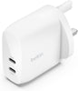 BoostCharge dual USB-C plug with PPS, 60W phone charger for iPhone 16 and other, iPad, Samsung Galaxy, Google Pixel, MacBook - compatible w/ USB-C to lightning cable & USB-C to USB-C - white