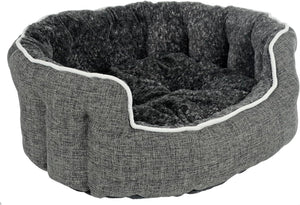 Oval Dog Bed Sofa Luxury Linen Fabric Plush Cushion Scallop Sides Grey - Medium