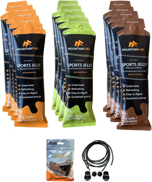 Isotonic Sports Jelly - The Refreshing Alternative to Energy Gels (Pack of 12 Mixed Flavours). Bundled with a Pair of VPoint Leisure No-Tie Elastic Shoe Laces