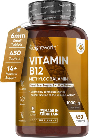 Vitamin B12 Tablets High Strength – 1000mcg Vegan B12 Supplement – 450 Pure Methylcobalamin Tablets (14+ Months Supply) – Tiredness and Fatigue Tablets – Immunity Supplements – GMP Approved