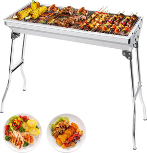 Charcoal BBQ Grill - 680x320x730mm, Large Foldable Stainless Steel Barbecue Grill for Camping, Picnic, Garden, and Outdoor Cooking