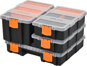 Set Of 4 Plastic DIY Tool Storage Boxes w/Inside Dividers Locking Lids Home Garage Organisation Stacking Arts Crafts Bolts Black Orange