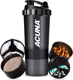 Protein Shaker Bottle 600ml- 3 Layered Twist Off Cups For Pill & Supplement Storage - Steel Mixing Ball For Lump Free Smooth Shake- Easy To Clean Gym & Sports Shaker Bottle (Black)