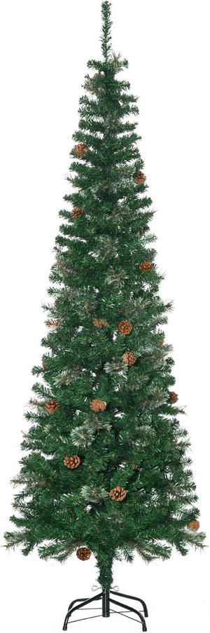 6.5FT Tall Pencil Slim Artificial Christmas Tree with Realistic Branches, Tip Count and Pine Cones, Pine Needles Tree, Xmas Decoration, Green