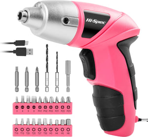 27 Pc Electric Screwdriver Pink 3.6V with 23 Drill Bit Set for Women. Cordless Screwdriver Tool with Rechargeable Battery & LED Light. Ideal Electric Screwdrivers Cordless for Home & Office.