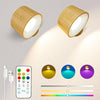 Battery Operated Wall Lights 2 Pack Wood Grain, Rechargeable Wall Lights Indoor, Wall Lamp with Remote, 3 Color Temperatures & 13 RGB & Dimmable Magnetic 360° Rechargeable Wall Sconces