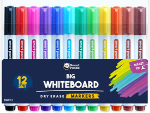 12 Big Whiteboard Pens Bullet Tip Whiteboard Markers – Dry Erase Markers, Perfect for Home, School or Office - 12 Set Assorted Colours