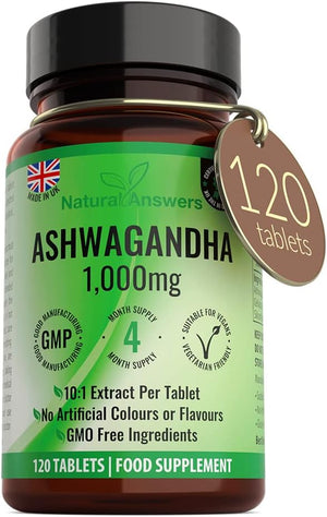 120 x Ashwagandha 1000mg Per Tablet | 4 Month Supply of High Strength Vegan Tablets (Not Capsules or Pills) of Pure Powder UK Made Anxiety Relief