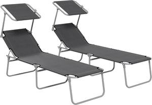 Outdoor Foldable Sun Lounger Set of 2, 4 Level Adjustable Backrest Reclining Sun Lounger Chair with Angle Adjust Sun Shade Awning for Beach, Garden, Patio, Grey
