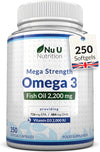 Omega 3 2200mg & Vitamin D3 2000IU - 250 Softgel Capsules - 720mg EPA & 480mg DHA per Serving - from Sustainable Wild Caught Fish - High Strength 1100mg Fish Oil per Capsule -