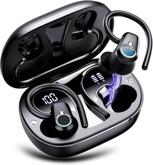 Wireless Earbuds, 2023 Wireless Earphones Bluetooth 5.3 Headphones Wireless, Over Ear Buds Wireless Earbuds with Earhooks, IP7 Waterproof 50H Stereo Wireless Headphones Sport, Dual LED Display, Black