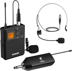 UHF Wireless Microphone System with Headset Mic/Lavalier Lapel Mic, Bodypack Transmitter, Rechargeable Receiver, 5 Channels, 60M Range 1/4" Output for Recording Live Performance PA Speaker