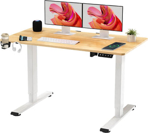 QS+110 * 60 Electric Standing Desk ONE PIECE Height Adjustable Standing With Memory Smart Panel Desk Sit Stand Desk Adjustable Desk Stand Up Desk for Home Office(White Frame+ Maple Desktop)