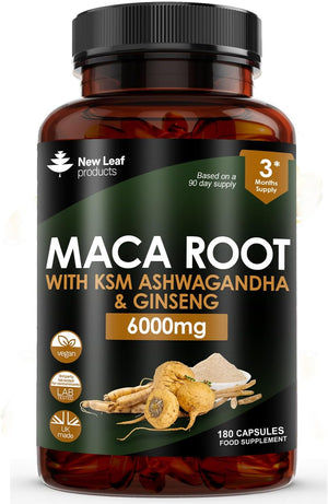 Maca Root Capsules with KSM Ashwagandha and Ginseng - 180 High Strength 6000mg Capsules Maca Root + Ashwagandha KSM-66, Panax Ginseng & Black Pepper - Vegan Capsules Made in The UK