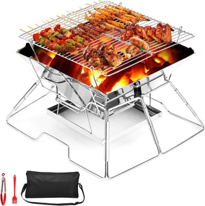 Portable Fire Pit BBQ For Camping: Stainless Steel Folding Firepit Small Barbecue Charcoal Grill For Garden, Outdoor, Campfire