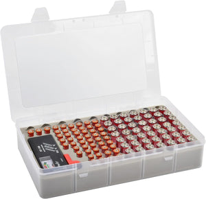 Battery Storage Organizer Box with Battery Tester, Garage Caddy Case Holder Container Holds 120+ Batteries AA AAA Lithium 3V CR123 LR44 CR2016 CR1632 CR2032 CR2025 (Batteries Not Include)