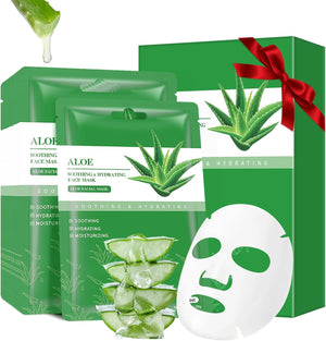 Pack of 10 Aloe Vera Face Masks Skincare Soothing and Hydrating Face Masks Moisturizing Beauty Facial Mask Daily Care Sheet Mask for Acne Sun Care and Claming