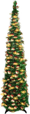 Christmas Tree with Lights, 150cm/5ft Collapsible Artificial Xmas Tree, Pop Up Christmas Tree Tinsel Tall Skinny Coastal Xmas Tree for Home Office Holiday Xmas Decor (Dark green)