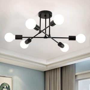 Modern Sputnik Chandelier Black, 6-Lights Semi Flush Mount Ceiling Light for Living Room Bedroom Dining Room Kitchen Office Foyer, E27 Base (6 Light - Black)