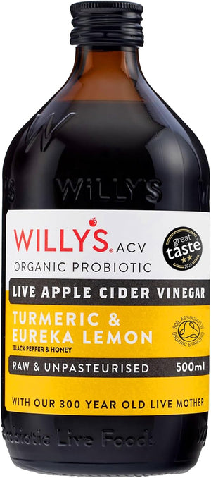 Organic Live Apple Cider Vinegar with Mother - Probiotics For Gut Health - Fresh Turmeric, Lemon, Honey & Black Pepper - 500ml Refillable Glass Bottle - Sustainable ACV