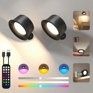 2 Pack Wall Lights, LED Wall Lamp with Rechargeable Battery Operated, 15 RGB Colors, 3 Color Temperatures & Dimmable Magnetic 360° Rotation, Cordless Wall Scones for Reading Bedside Hallway