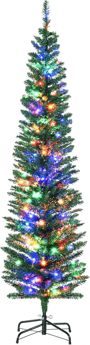 6ft Pre Lit Artificial Christmas Tree Holiday Décor with 150 Colourful LED Lights and 390 Tips, Pencil Shape, Steel Base