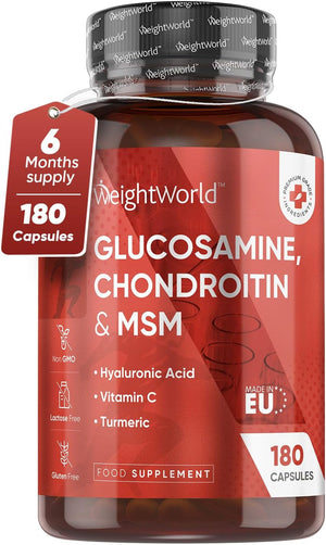 Glucosamine and Chondroitin High Strength - 180 Capsules with Hyaluronic Acid, MSM, Vitamin C & Turmeric - Joint & Skin Supplements for Men & Women - 6-Month Supply - Glucosamine & Chondroitin Complex