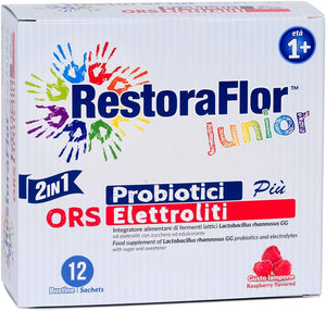 RestoraFlor Junior Probiotics for Children (12 Powder Sachets) – with Minerals for Dehydration – 5 Billion CFU of Lactobacillus Rhamnosus GG Probiotic Strain – Raspberry Flavor