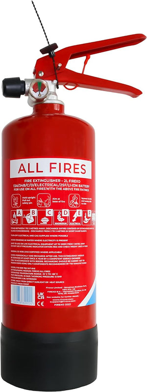 All in One Fire Extinguisher (2 Litre / 2 kg) - Multipurpose Extinguisher for ALL FIRES inc. Li-ion Battery Fires! - Safety & Emergency Equipment for Home, Kitchen, Fireplace, Grill, Caravan
