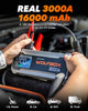 3000A Jump Starter,12V Car Battery Jump Starter,65W Quick Charge,16000mAh Portable Jump Starter Battery Power Pack for 8L Gas 6L Diesel Engine with Booster,LED Light,Jump Box,Cables