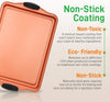 Baking Tray Set, Oven Baking Pans, 3 Piece Non-Stick Kitchen Oven Trays, Stackable Carbon Steel Baking Set, High Quality Cookie Sheet, Copper Metal Bakeware w/Black Silicone Handles, 3Pc