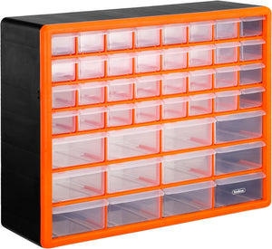 44 Multi Drawer Organiser for Small Parts - DIY Tool Bits, Fixings, Fishing Tackle, Crafts - Black/Orange