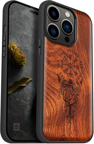 Magnetic Wood Case for iPhone 14 Pro Case [Hard Real Wood & Soft TPU] Shockproof Hybrid Protective Cover Unique & Classy Wooden Case Compatible with MagSafe (Viking Compass Vegvisir-Rosy)