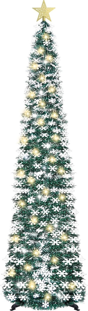 5FT Pop Up Christmas Tree with Timer 50 Lights, Tinsel Christmas Tree, Collapsible Artificial Pencil Tree Xmas Decoration for Indoor Home Apartment Porch Party, Easy Assembly