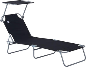 Outdoor Foldable Sun Lounger, 4 Level Adjustable Backrest Reclining Sun Lounger Chair with Angle Adjust Sun Shade Awning for Beach, Garden, Patio, Black