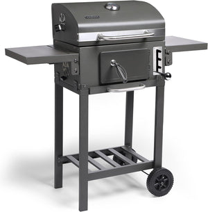 Charcoal BBQ – Barbecue with Warming Rack, Adjustable Height, Temperature Gauge – Portable, Ash Catcher, Additional Storage Shelf, 2 Foldable Side Tables, Wheels – Grill Meat, Fish & Veg