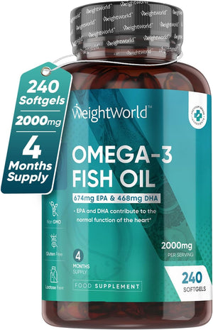 Omega 3 Fish Oil 2000mg - 240 Capsules (4 Months Supply) - 674mg EPA & 468mg DHA - Cod Liver Oil Capsules Alternative - High Strength Omega 3 Fatty Acids Supplements for Eyes, Brain & Heart (EFSA)