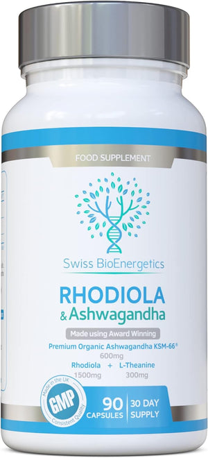 Rhodiola & Ashwagandha with L-Theanine - Award Winning Ashwagandha KSM-66 600mg & 1500mg Rhodiola - Whole Root Equivalent- adaptogen Combo- No Artificial fillers- UK Made