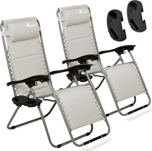 Set of 2 Sun Lounger Padded Garden Chairs With Cup And Phone Holder – Adjustable Headrest - Deck Folding Recliner Zero Gravity Outdoor Chair - Grey