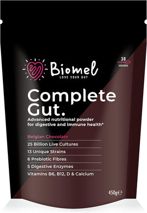 Complete Gut - Belgian Chocolate - 4 in 1 Gut Health Powder with Diverse Fibres - 450g/30 Servings - Vegan Friendly - Gluten Free - Live Cultures for Gut Health - Delicious & Effective