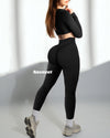 Women Gym Set 2 Piece Outfits Workout Set Crossover Long Sleeve Gym Tops Ruched Leggings Yoga Tracksuit Set