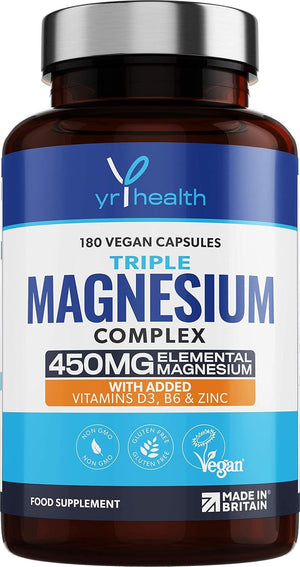 Vegan Magnesium Supplements with Zinc, 180 Capsules, Triple Magnesium Complex Supplement Plus Vitamin D, B6 & Copper, Vegan Society Registered, Made in The UK by