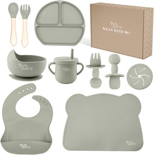 Baby Weaning Set – Includes Toddler Water Bottle, Cups, Baby Bowls, Spoon, Fork, Baby Plate Set & More - Baby Feeding Set & Baby Gifts & Present - 10 Pieces (Grey)