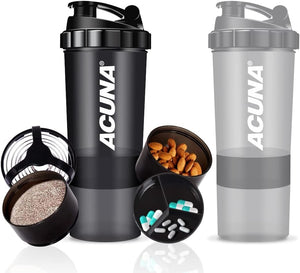 Protein Shaker Bottle 600ml (PACK OF 2), 3 Layer Supplement & Pills Storage Cup- Secure Leakproof Protein Shake Mixer Bottle- Gym Supplement Shaker Bottle (Black - Grey)