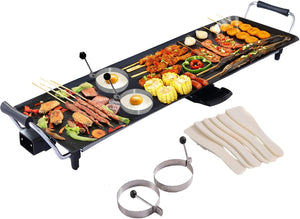 Electric Teppanyaki Table Grill, BBQ Griddle | Non-stick Barbecue Hot Plate with Wooden Spatulas and 2 Egg Rings (XL, 70 x 23CM)