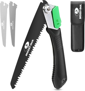 Pruning Saw, Folding Hand Saw with Secure Lock, 3 Blades Made of Cr-V and 65Mn, for Wood, Bone, PVC, Tree Pruning, Camping, Hunting, Non-Ferrous Metal, Solid TPR Soft Grip and Portable Pouch