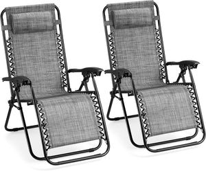 Zero Gravity Chairs Set of 2 - Grey Reclining Sun Loungers for Garden - Textilene Folding Sunloungers with Detachable Head Pillow - Fold Away 2 Set Deck Chairs for Outdoor, Patio & Decking