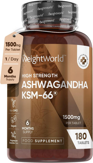 Ashwagandha KSM-66® 1500mg - 6 Months Supply - Ashwagandha High Strength Supplement with 5% Withanolides for Men & Women - Pure Ashwagandha Root Powder Tablets (Not Ashwagandha Capsules)